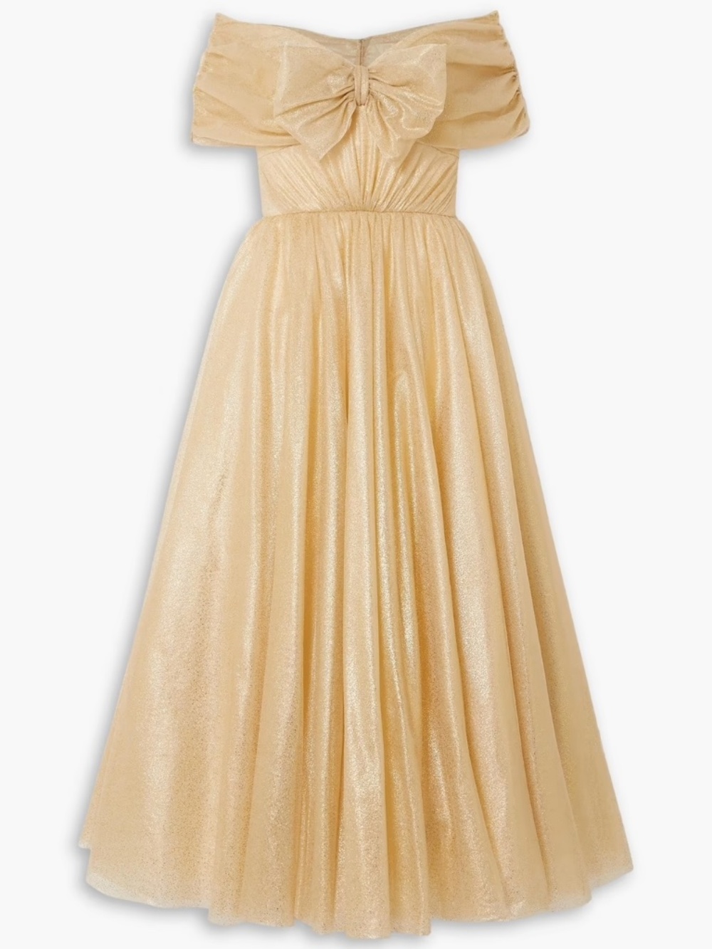 Jenny Packham off-the-shoulder bow-detailed glittered tulle gown gold size 10